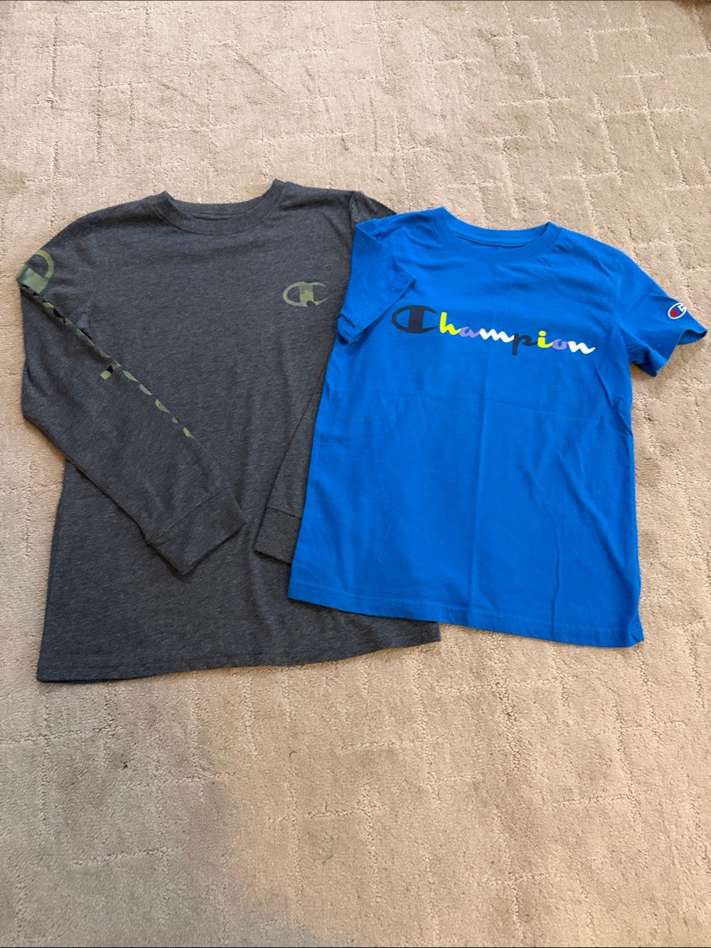 Champion Kids Long Sleeve Charcoal Tee & Blue Short Sleeve Logo Tee